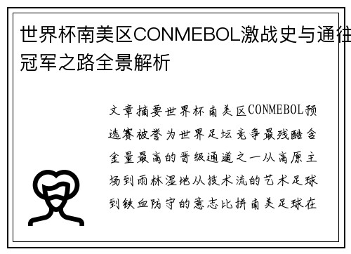 世界杯南美区CONMEBOL激战史与通往冠军之路全景解析