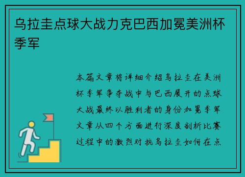 乌拉圭点球大战力克巴西加冕美洲杯季军