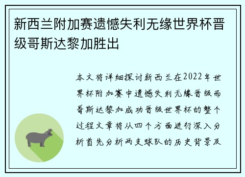 新西兰附加赛遗憾失利无缘世界杯晋级哥斯达黎加胜出
